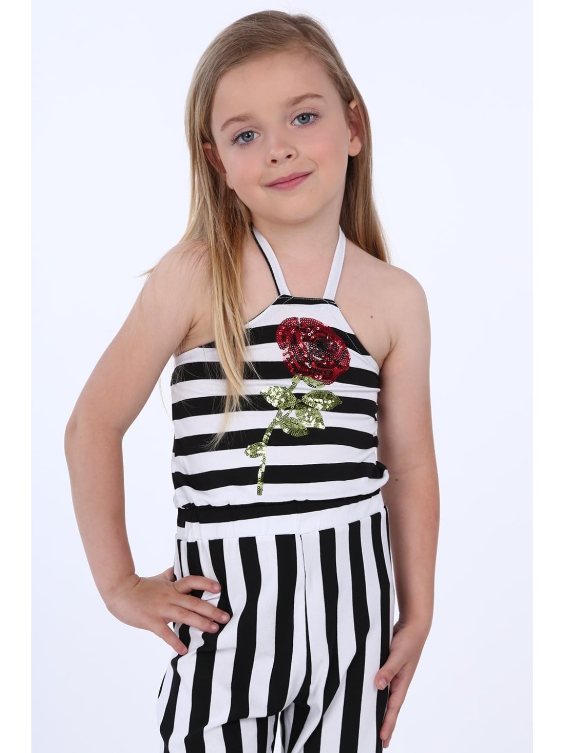 Girls\' black and white striped jumpsuit NDZ8520 - Online store - Boutique